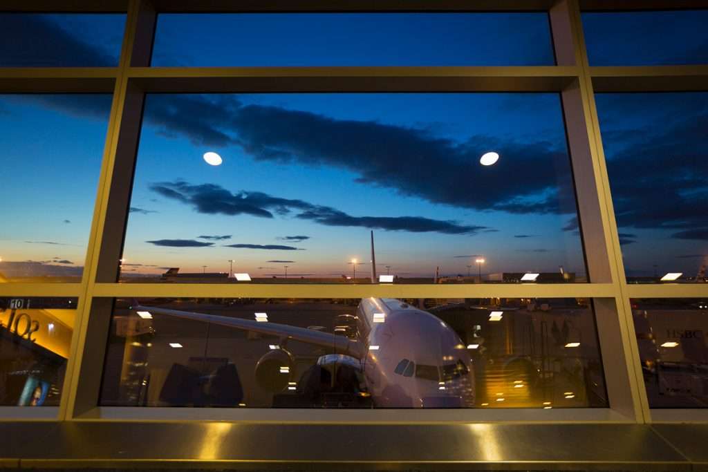 A view of an plane through a terminal window