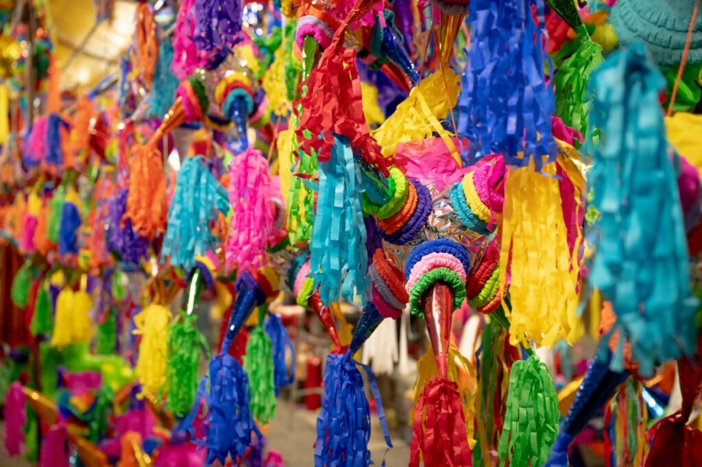 Colorful piñatas hung for a festival